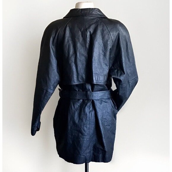 Liz Baker Black Leather Wrap Jacket 3/4 Length Belted Coat Size Petite Large - Picture 2 of 11